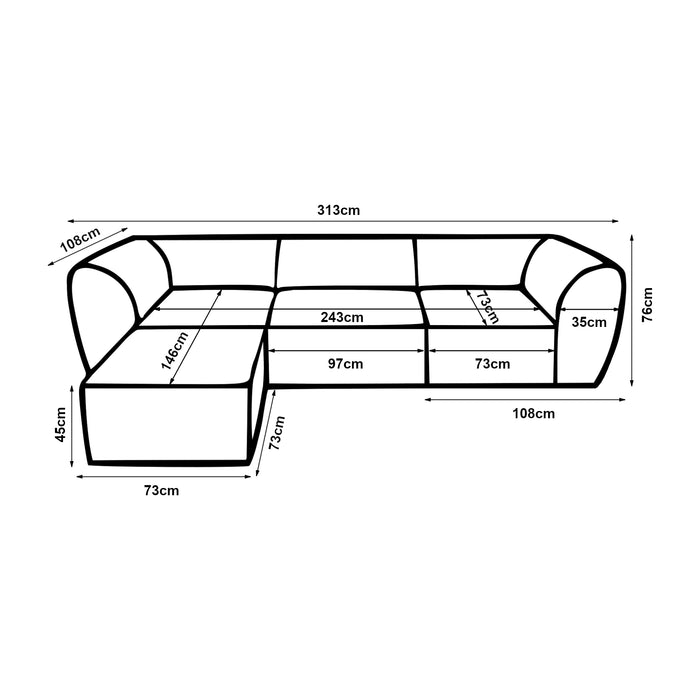 Divano Componibile a 3 Posti Chaise Longue Divano Modulare 76x313x181 cm Serie Hurvas - Bianco Crema [en.casa]