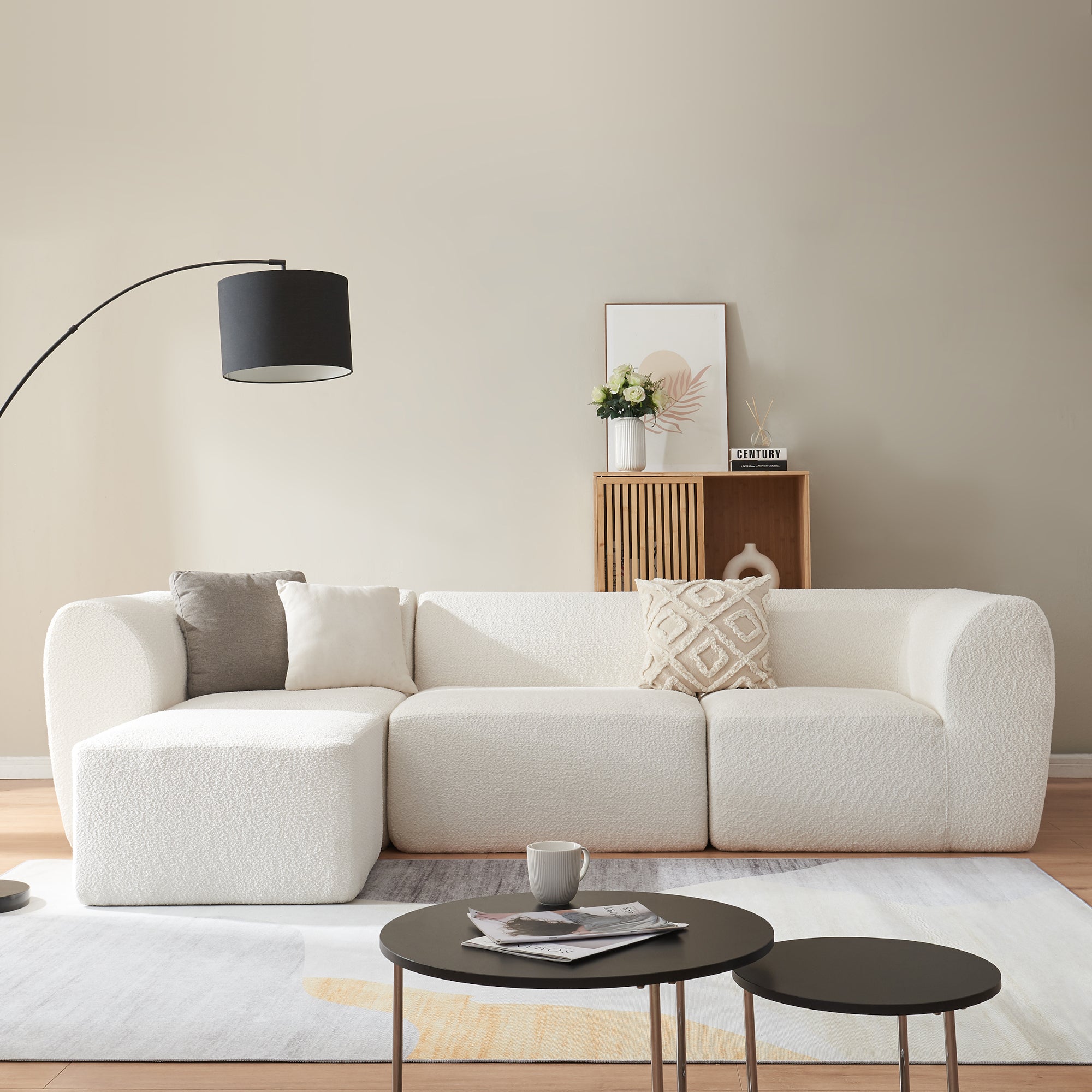 Divano Componibile a 3 Posti Chaise Longue Divano Modulare 76x313x181 cm Serie Hurvas - Bianco Crema [en.casa]