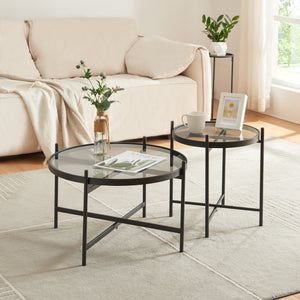 Tavolino Basso Lier con Piano Rotondo Ø 61 in Vetro Telaio in Metallo Nero [en.casa]