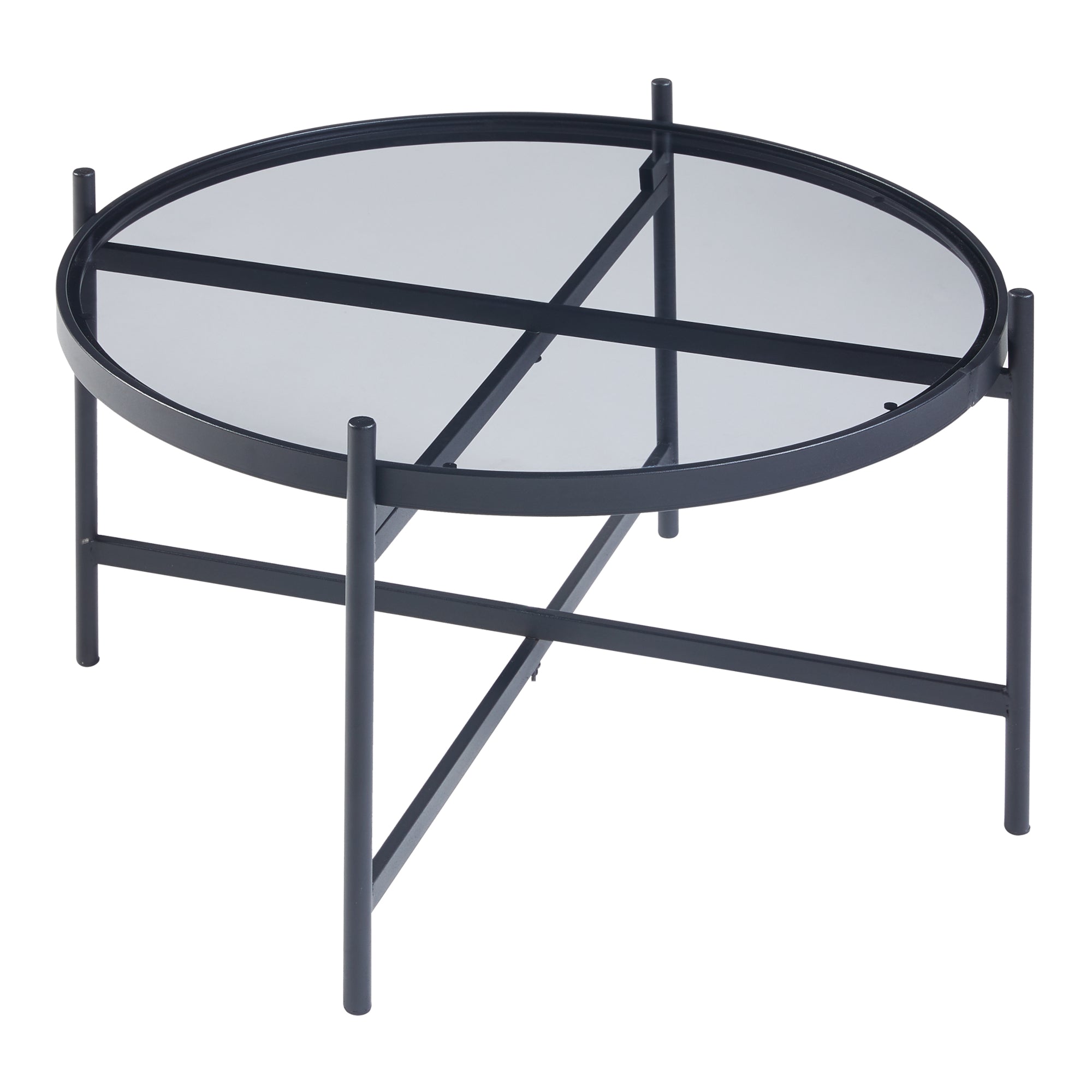 Tavolino Basso Lier con Piano Rotondo Ø 61 in Vetro Telaio in Metallo Nero [en.casa]