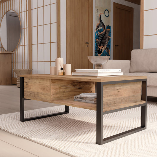 Tavolino Centrale da Salotto Laukaa con Scomparti 45 x 100 x 60 cm Rovere Rustico/Nero [en.casa]