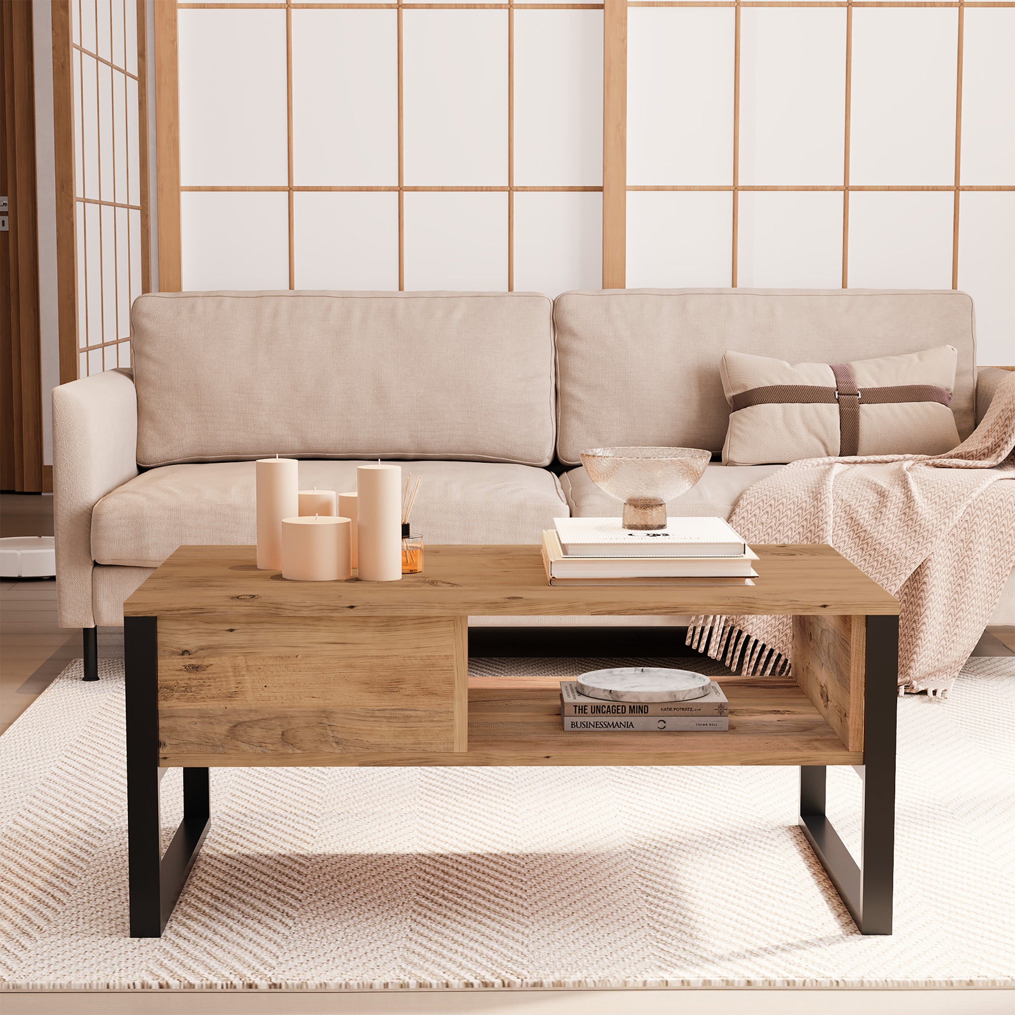 Tavolino Centrale da Salotto Laukaa con Scomparti 45 x 100 x 60 cm Rovere Rustico/Nero [en.casa]