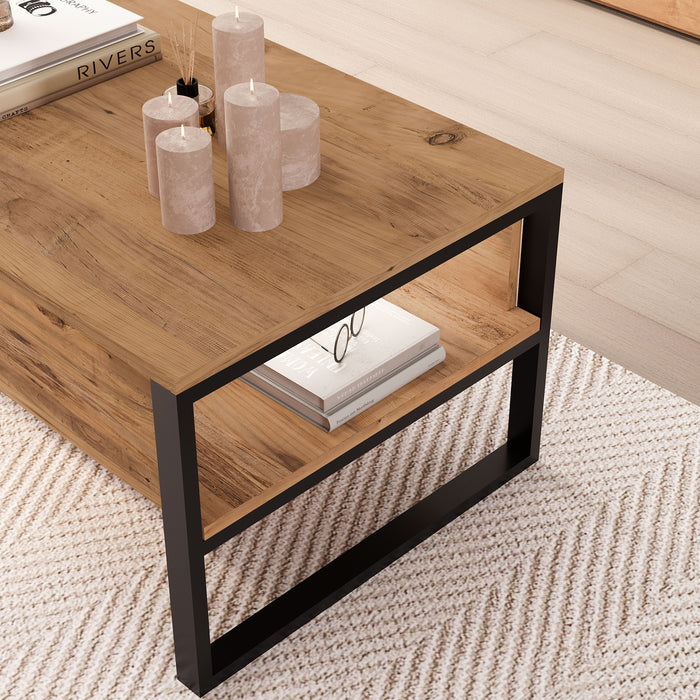 Tavolino Centrale da Salotto Laukaa con Scomparti 45 x 100 x 60 cm Rovere Rustico/Nero [en.casa]