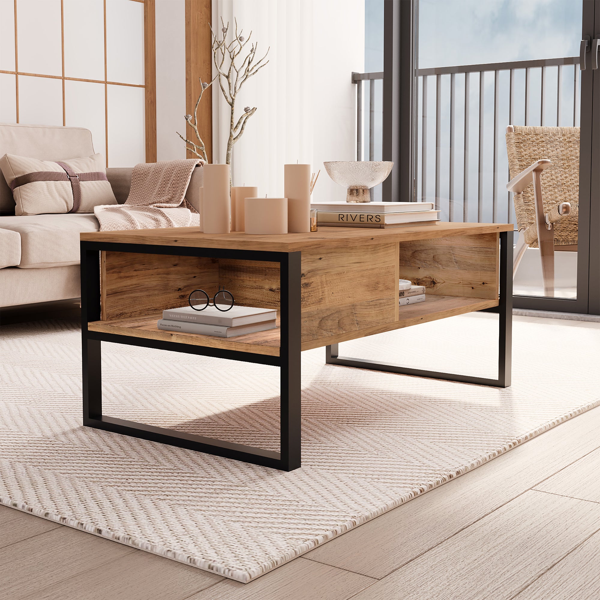 Tavolino Centrale da Salotto Laukaa con Scomparti 45 x 100 x 60 cm Rovere Rustico/Nero [en.casa]