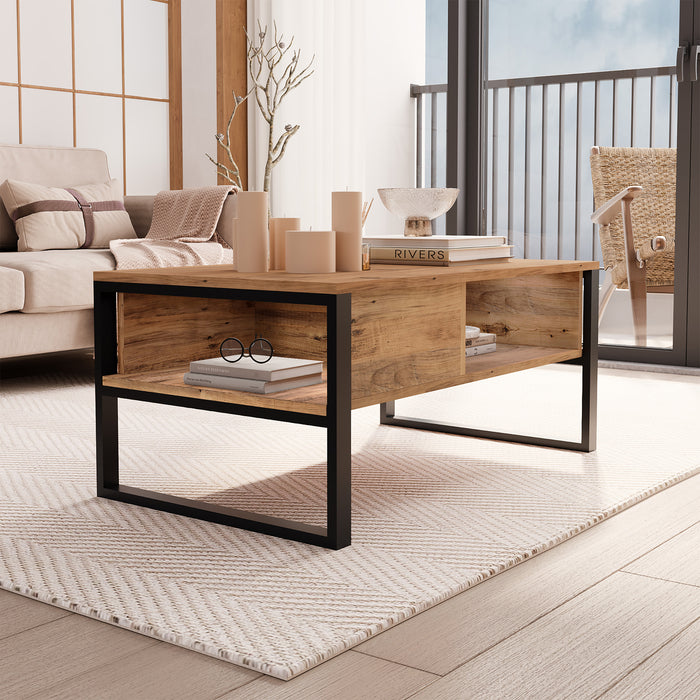 Tavolino Centrale da Salotto Laukaa con Scomparti 45 x 100 x 60 cm Rovere Rustico/Nero [en.casa]