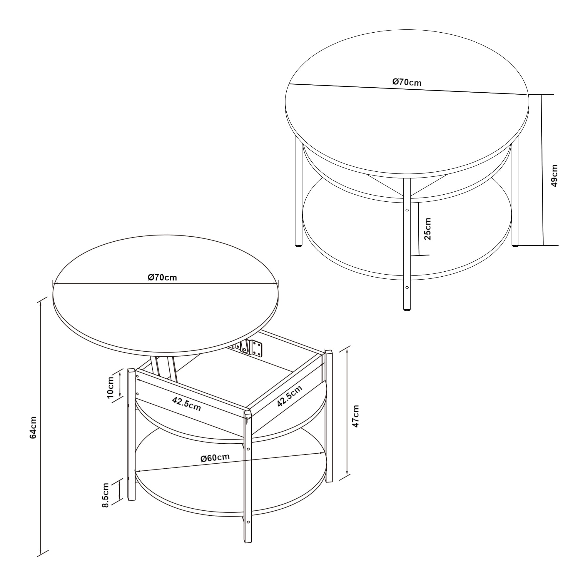 Tavolino da Caffè Kandas con Piano Rotondo Sollevabile (ØxA): 70x49 cm - Bianco [en.casa]