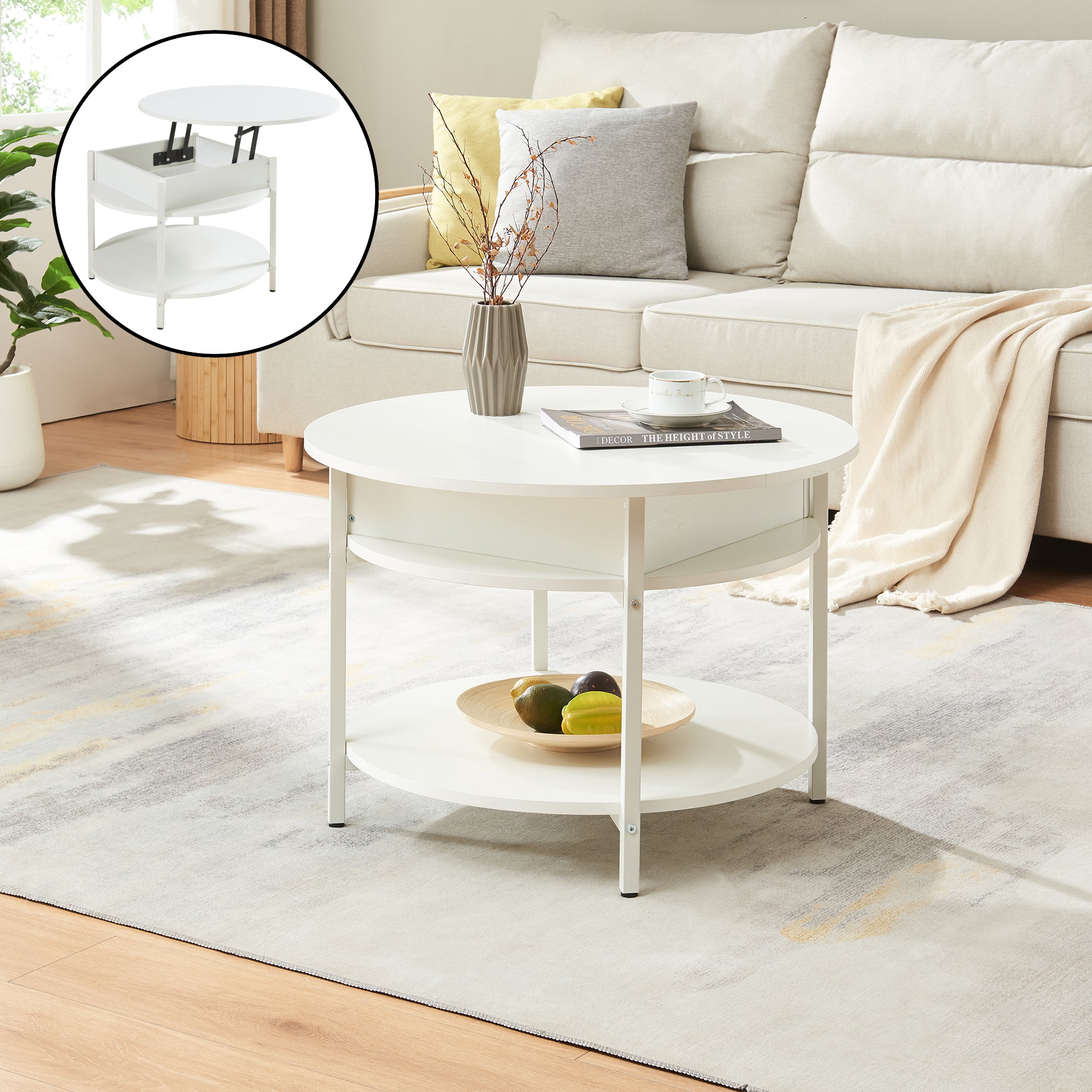 Tavolino da Caffè Kandas con Piano Rotondo Sollevabile (ØxA): 70x49 cm - Bianco [en.casa]