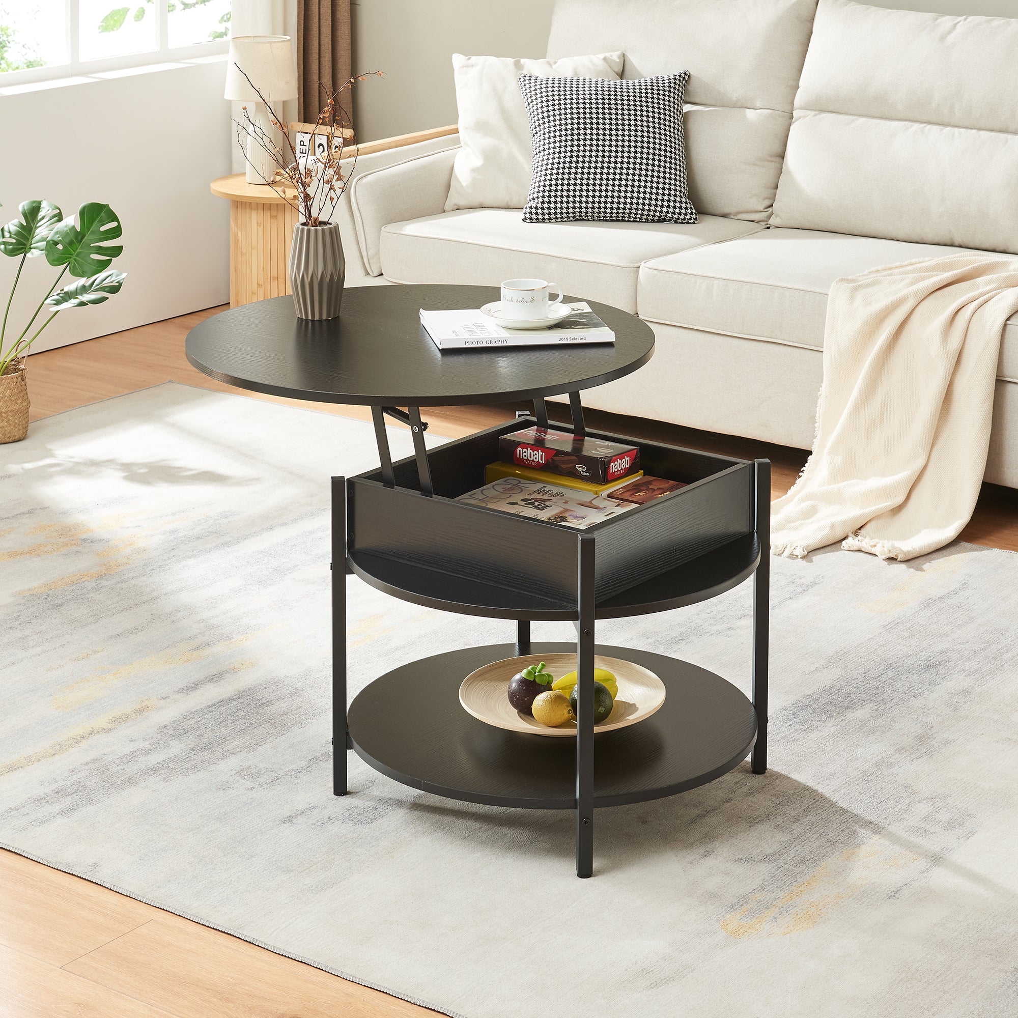 Tavolino da Caffè Kandas con Piano Rotondo Sollevabile (ØxA): 70x49 cm - Nero [en.casa]