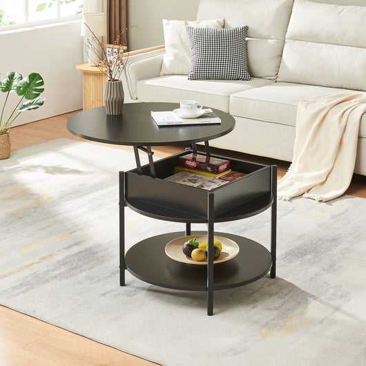 Tavolino da Caffè Kandas con Piano Rotondo Sollevabile (ØxA): 70x49 cm - Nero [en.casa]