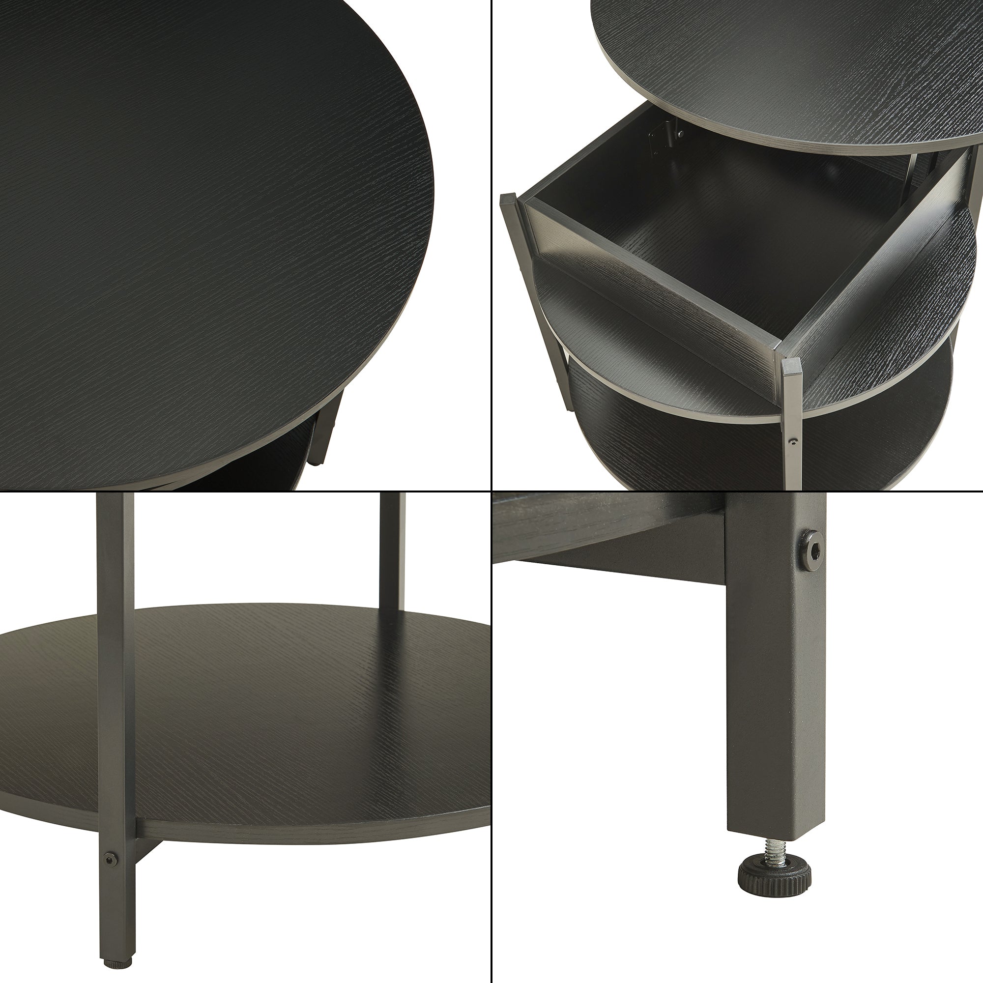 Tavolino da Caffè Kandas con Piano Rotondo Sollevabile (ØxA): 70x49 cm - Nero [en.casa]