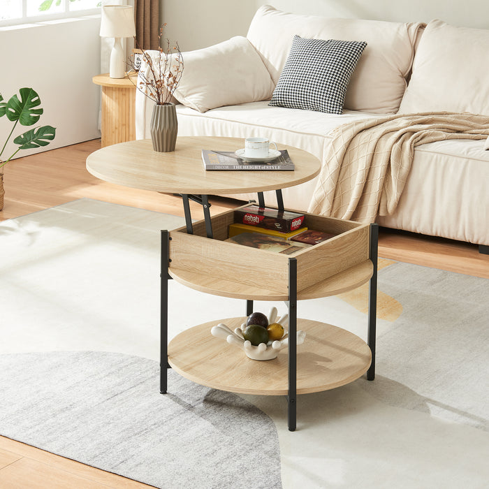 Tavolino da Caffè Kandas con Piano Rotondo Sollevabile (ØxA): 70x49 cm - Effetto Rovere [en.casa]