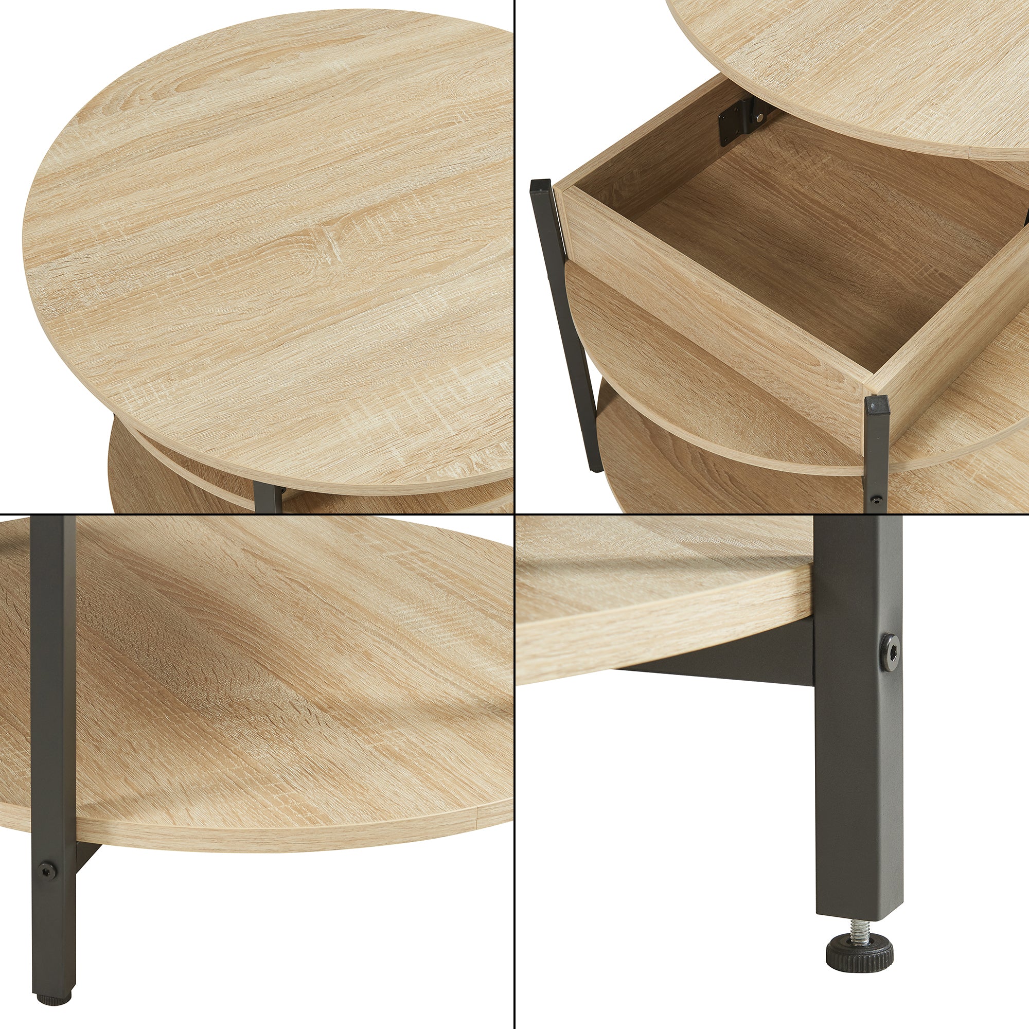 Tavolino da Caffè Kandas con Piano Rotondo Sollevabile (ØxA): 70x49 cm - Effetto Rovere [en.casa]