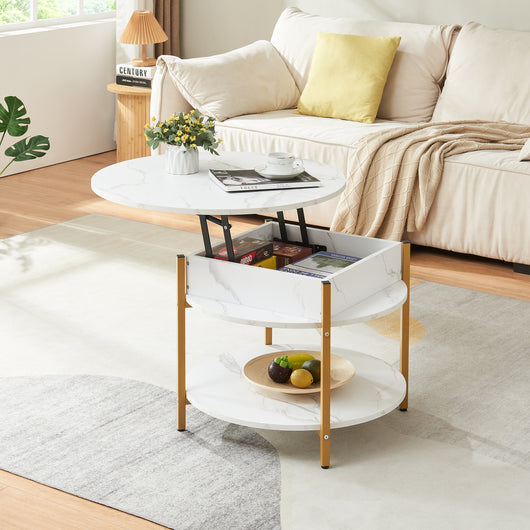 Tavolino da Caffè Kandas con Piano Rotondo Sollevabile (ØxA): 70x49 cm - Effetto Marmo Bianco [en.casa]