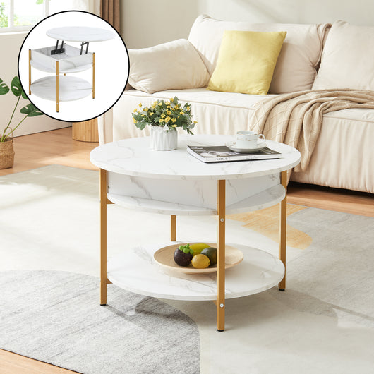 Tavolino da Caffè Kandas con Piano Rotondo Sollevabile (ØxA): 70x49 cm - Effetto Marmo Bianco [en.casa]