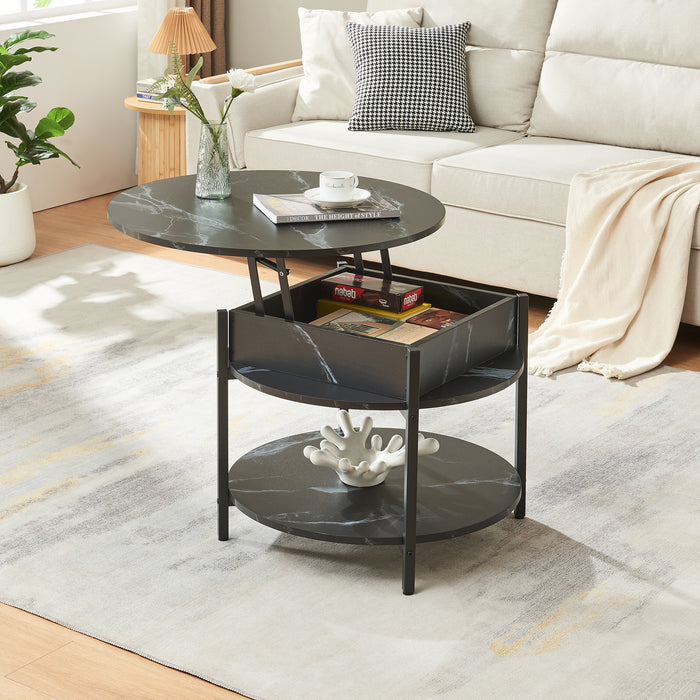 Tavolino da Caffè Kandas con Piano Rotondo Sollevabile (ØxA): 70x49 cm - Effetto Marmo Nero [en.casa]