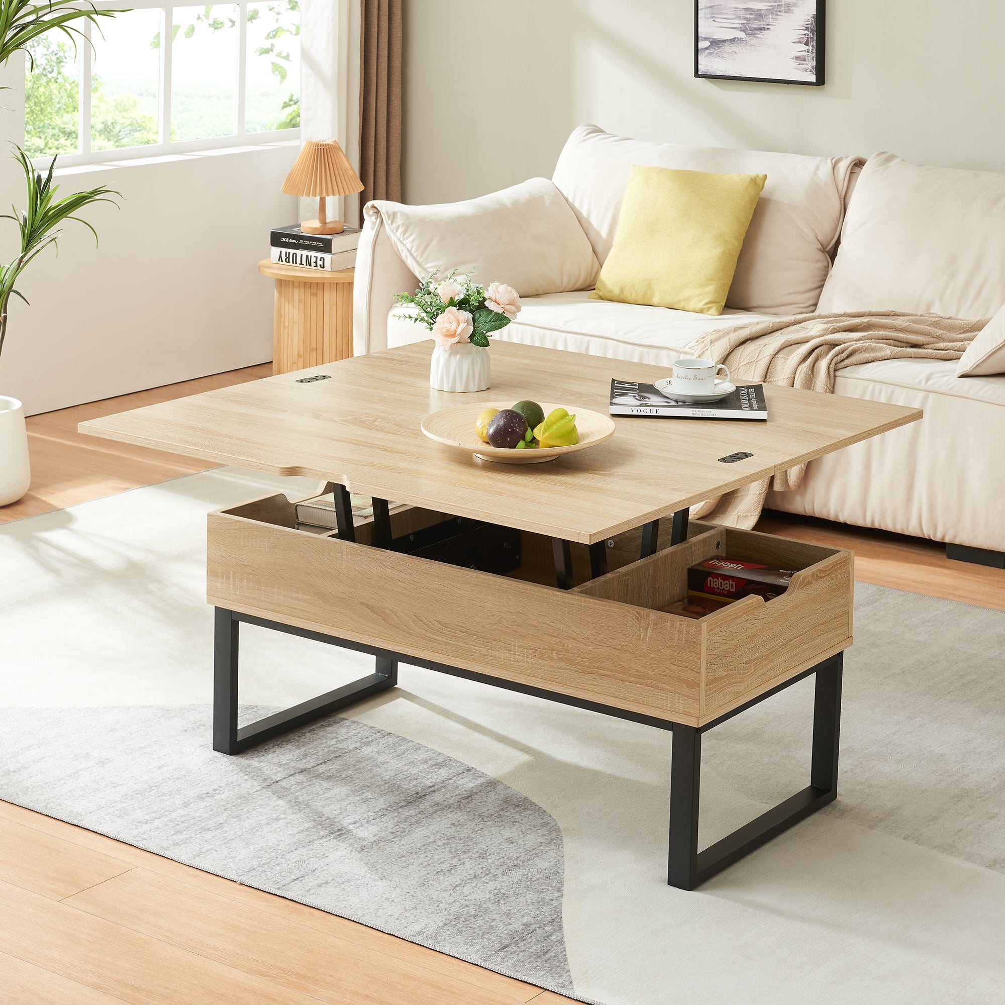 Tavolino da Caffè Rauli con Piano Sollevabile a Apribile - Effetto Rovere [en.casa]