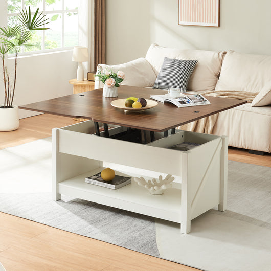 Tavolino Centrale da Salotto Kasama con Piano Sollevabile e Apribile 110 x 55 x 54 cm Effetto Noce / Bianco [en.casa]