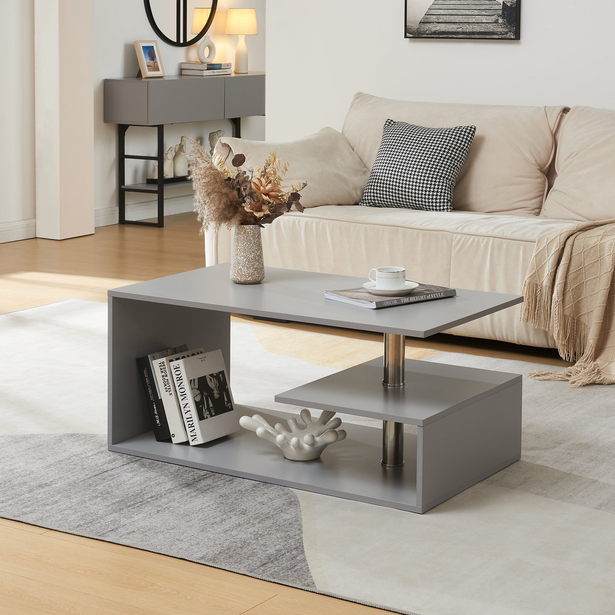 Tavolino da Salotto Haarlem con 3 Piani 90 x 50 x 41 cm - Grigio Chiaro [en.casa]