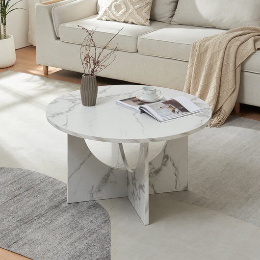 Tavolino da Caffè Rindal con Piano Rotondo - Effetto Marmo Bianco [en.casa]