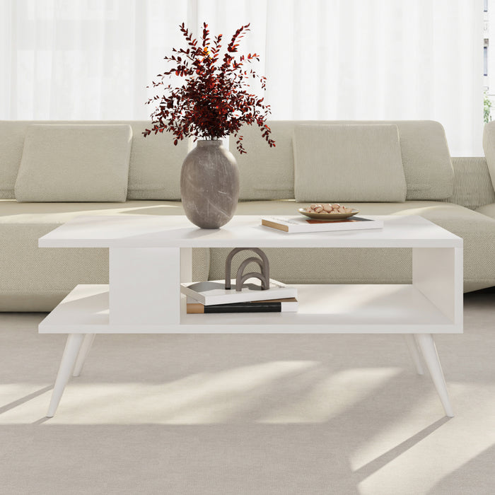 Tavolino Basso da Divano 'Lycksele' con Scomparto Semiaperto e 4 Piedini - Bianco [en.casa]