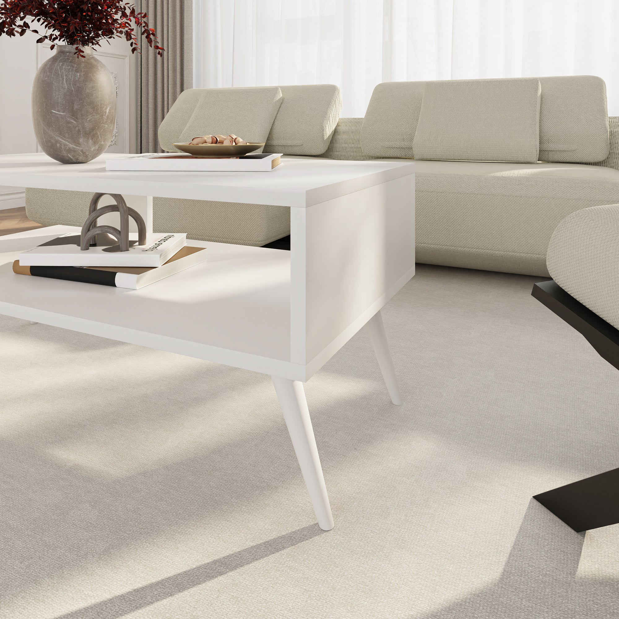 Tavolino Basso da Divano 'Lycksele' con Scomparto Semiaperto e 4 Piedini - Bianco [en.casa]
