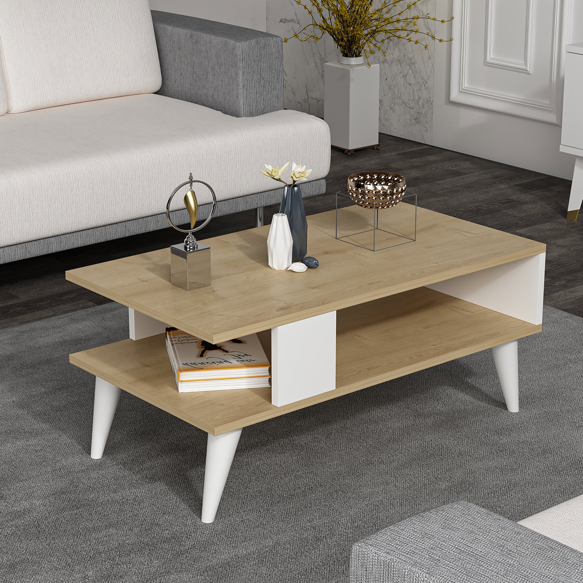 Tavolino Basso da Divano 'Lycksele' con Scomparto Semiaperto e 4 Piedini - Effetto Rovere / Bianco [en.casa]