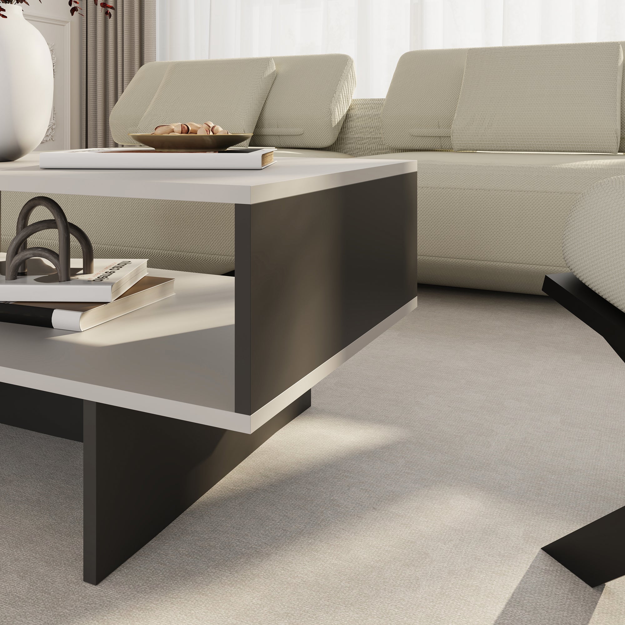 Tavolino Basso da Salotto 'Mjölby' a 2 Piani di Appoggio Rettangolare - Bianco / Antracite [en.casa]