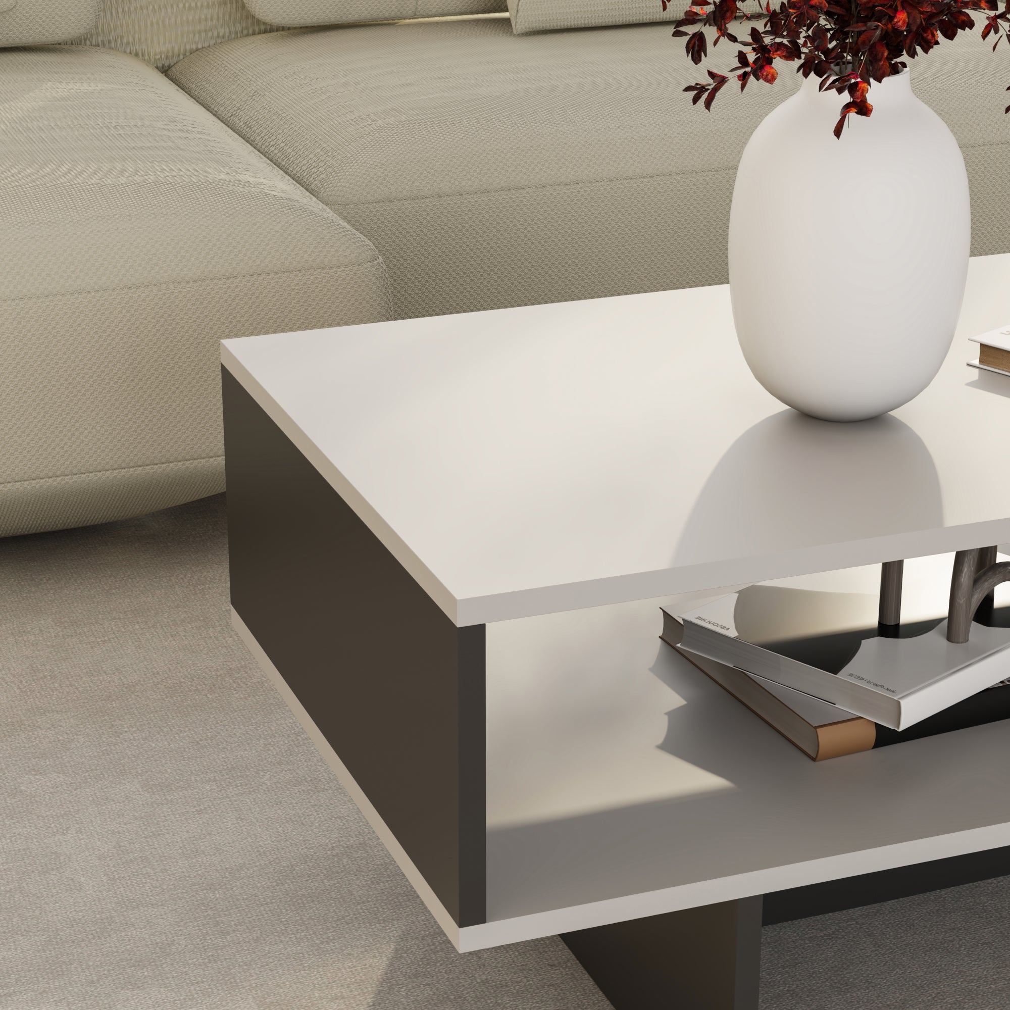 Tavolino Basso da Salotto 'Mjölby' a 2 Piani di Appoggio Rettangolare - Bianco / Antracite [en.casa]