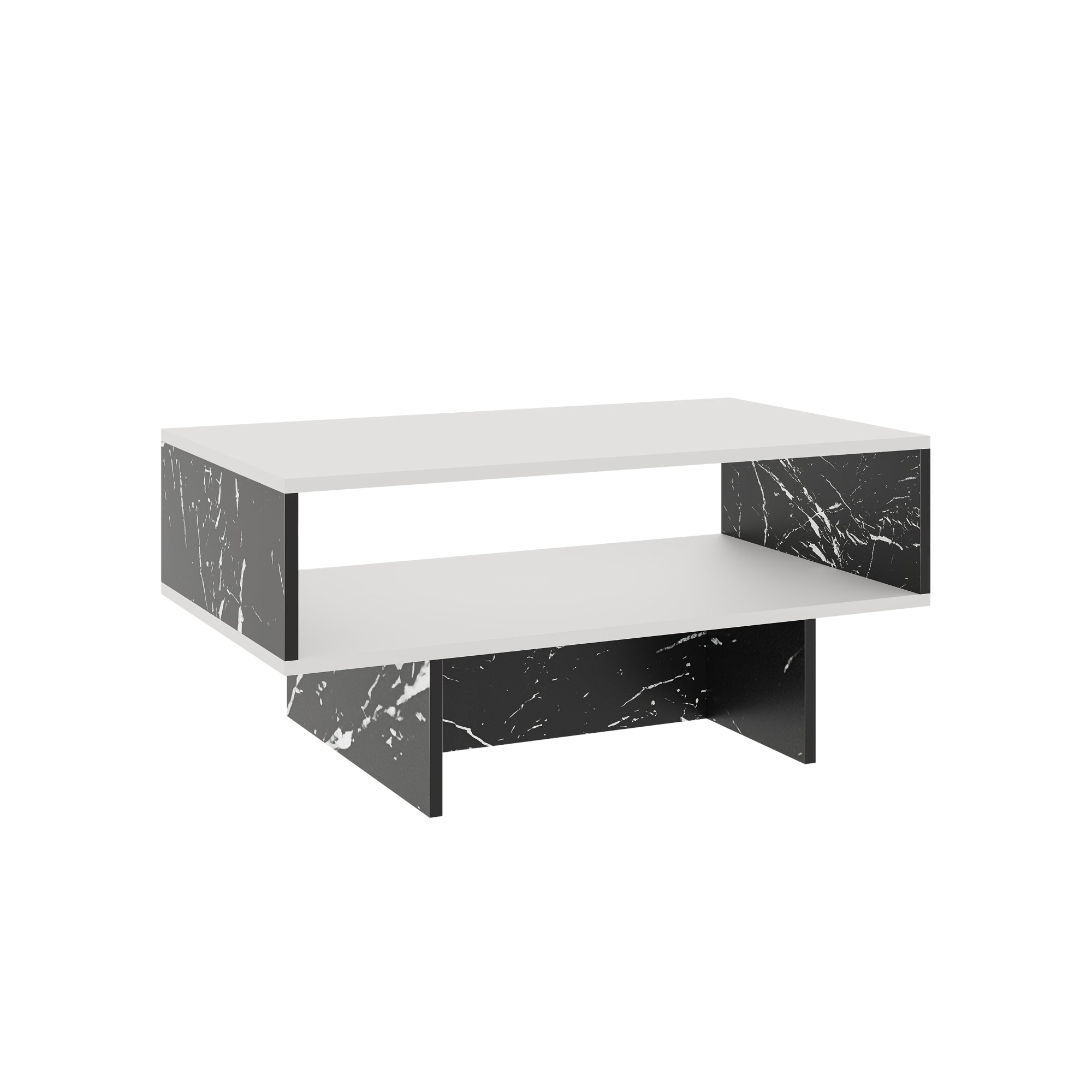 Tavolino Basso da Salotto 'Mjölby' a 2 Piani di Appoggio Rettangolare - Bianco / Effetto Marmo Nero [en.casa]