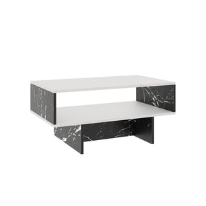Tavolino Basso da Salotto 'Mjölby' a 2 Piani di Appoggio Rettangolare - Bianco / Effetto Marmo Nero [en.casa]