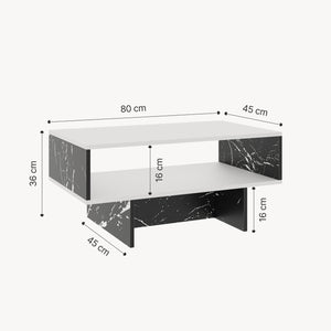 Tavolino Basso da Salotto 'Mjölby' a 2 Piani di Appoggio Rettangolare - Bianco / Effetto Marmo Nero [en.casa]