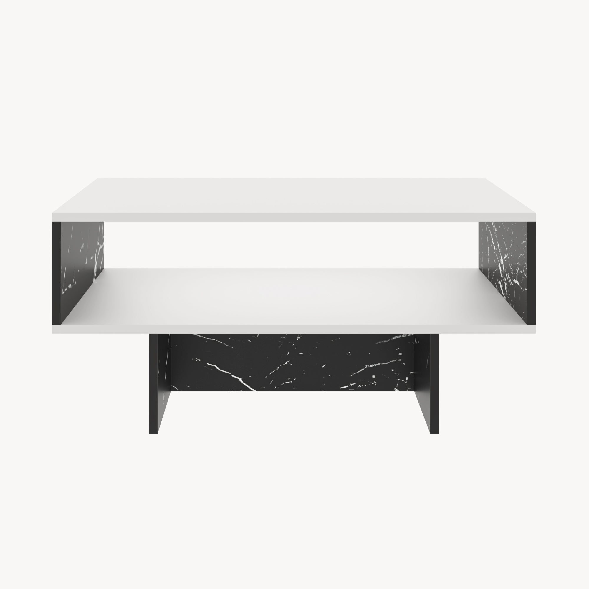 Tavolino Basso da Salotto 'Mjölby' a 2 Piani di Appoggio Rettangolare - Bianco / Effetto Marmo Nero [en.casa]