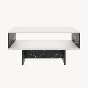 Tavolino Basso da Salotto 'Mjölby' a 2 Piani di Appoggio Rettangolare - Bianco / Effetto Marmo Nero [en.casa]