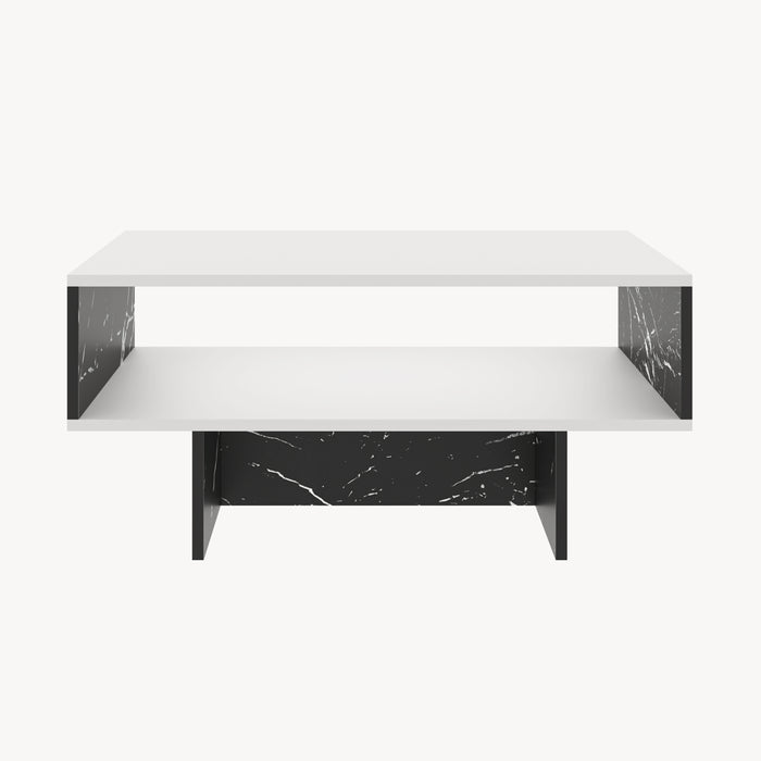 Tavolino Basso da Salotto 'Mjölby' a 2 Piani di Appoggio Rettangolare - Bianco / Effetto Marmo Nero [en.casa]