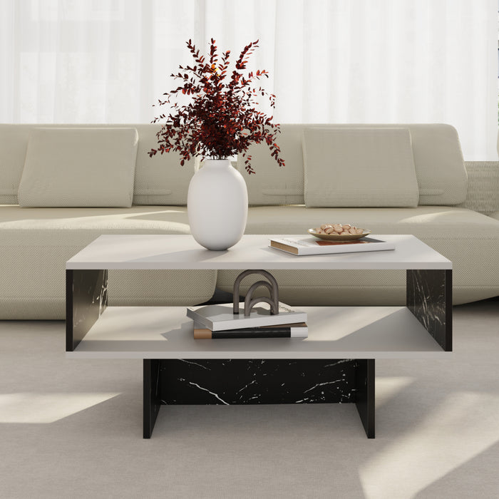 Tavolino Basso da Salotto 'Mjölby' a 2 Piani di Appoggio Rettangolare - Bianco / Effetto Marmo Nero [en.casa]