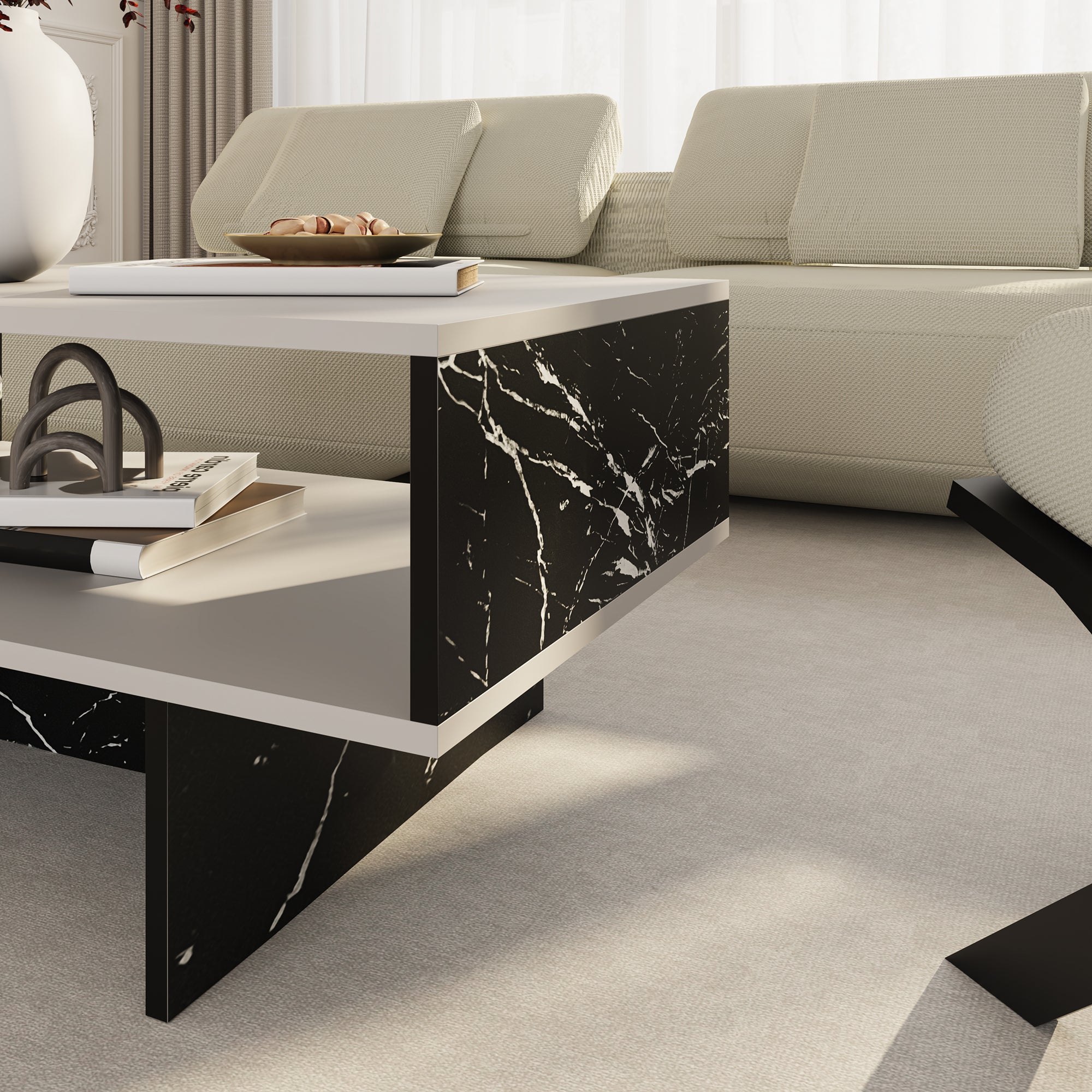 Tavolino Basso da Salotto 'Mjölby' a 2 Piani di Appoggio Rettangolare - Bianco / Effetto Marmo Nero [en.casa]