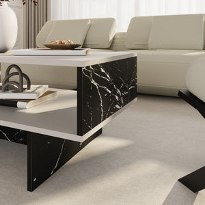 Tavolino Basso da Salotto 'Mjölby' a 2 Piani di Appoggio Rettangolare - Bianco / Effetto Marmo Nero [en.casa]