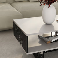 Tavolino Basso da Salotto 'Mjölby' a 2 Piani di Appoggio Rettangolare - Bianco / Effetto Marmo Nero [en.casa]