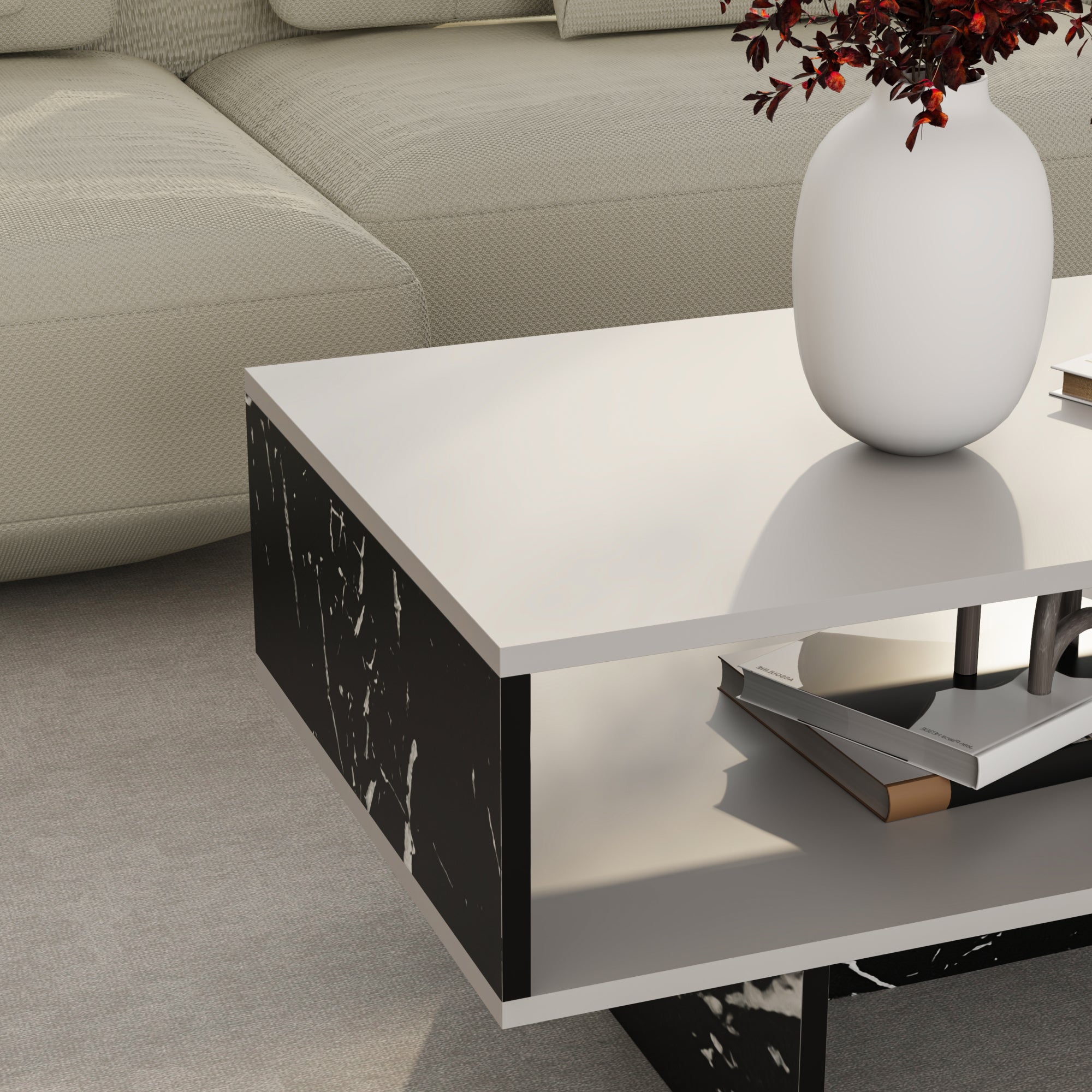 Tavolino Basso da Salotto 'Mjölby' a 2 Piani di Appoggio Rettangolare - Bianco / Effetto Marmo Nero [en.casa]