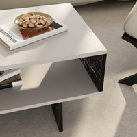 Tavolino Basso da Salotto 'Mjölby' a 2 Piani di Appoggio Rettangolare - Bianco / Effetto Marmo Nero [en.casa]