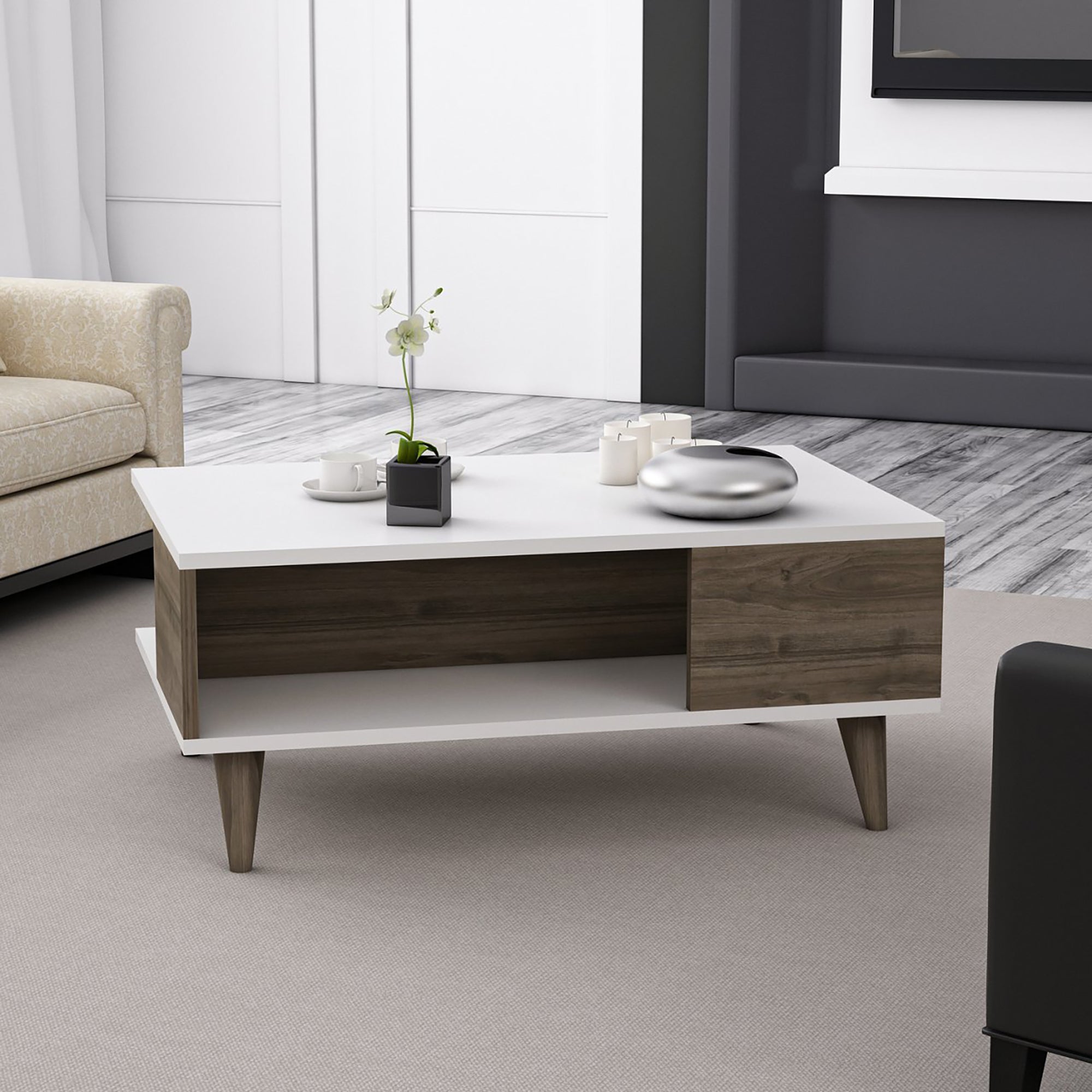 Tavolino Basso 'Grenaa' con 3 Scomparti Semiaperti - Bianco / Effetto Noce [en.casa]