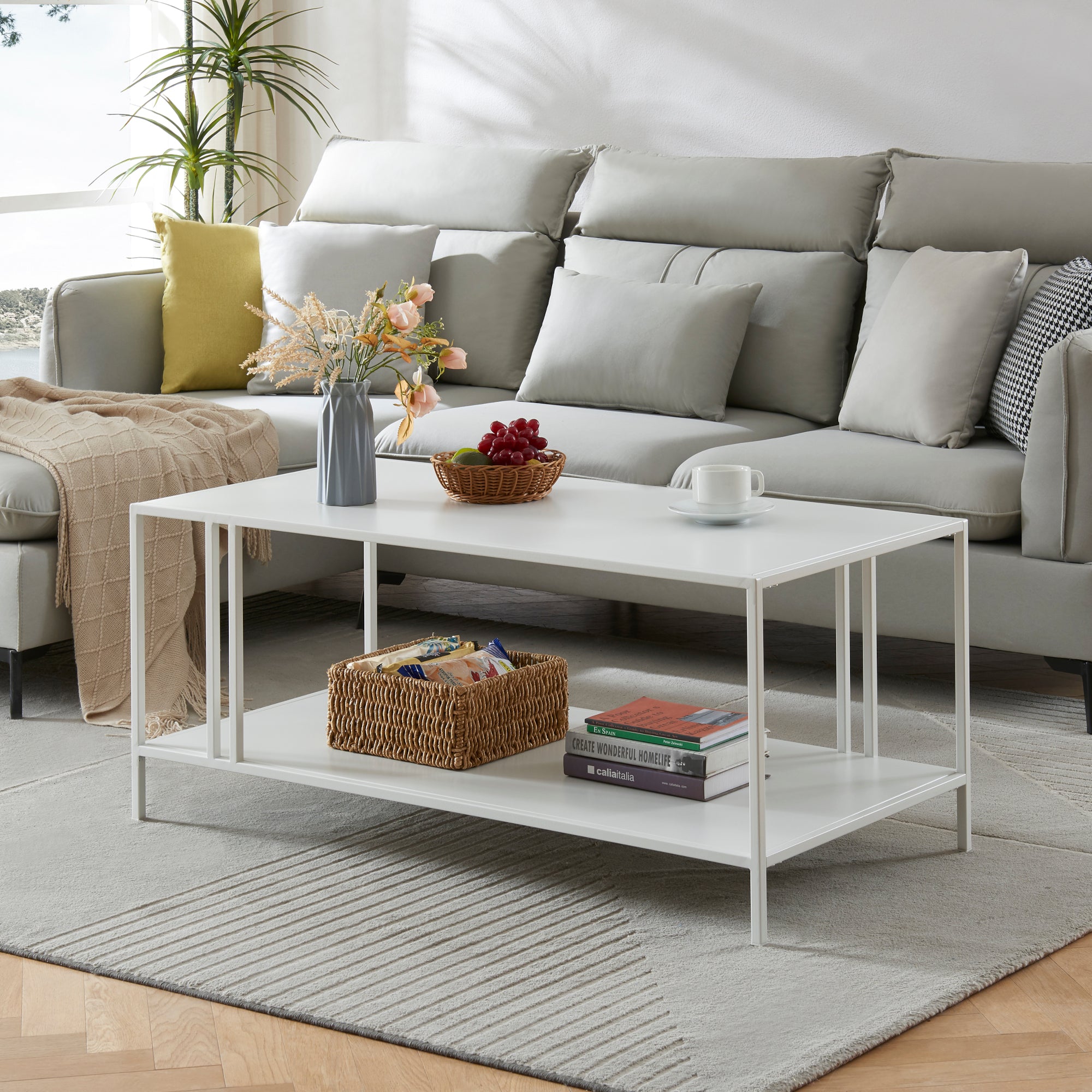 Tavolino Basso Kumlinge in Metallo con Ripiano 47 x 110 x 55 cm Bianco [en.casa]