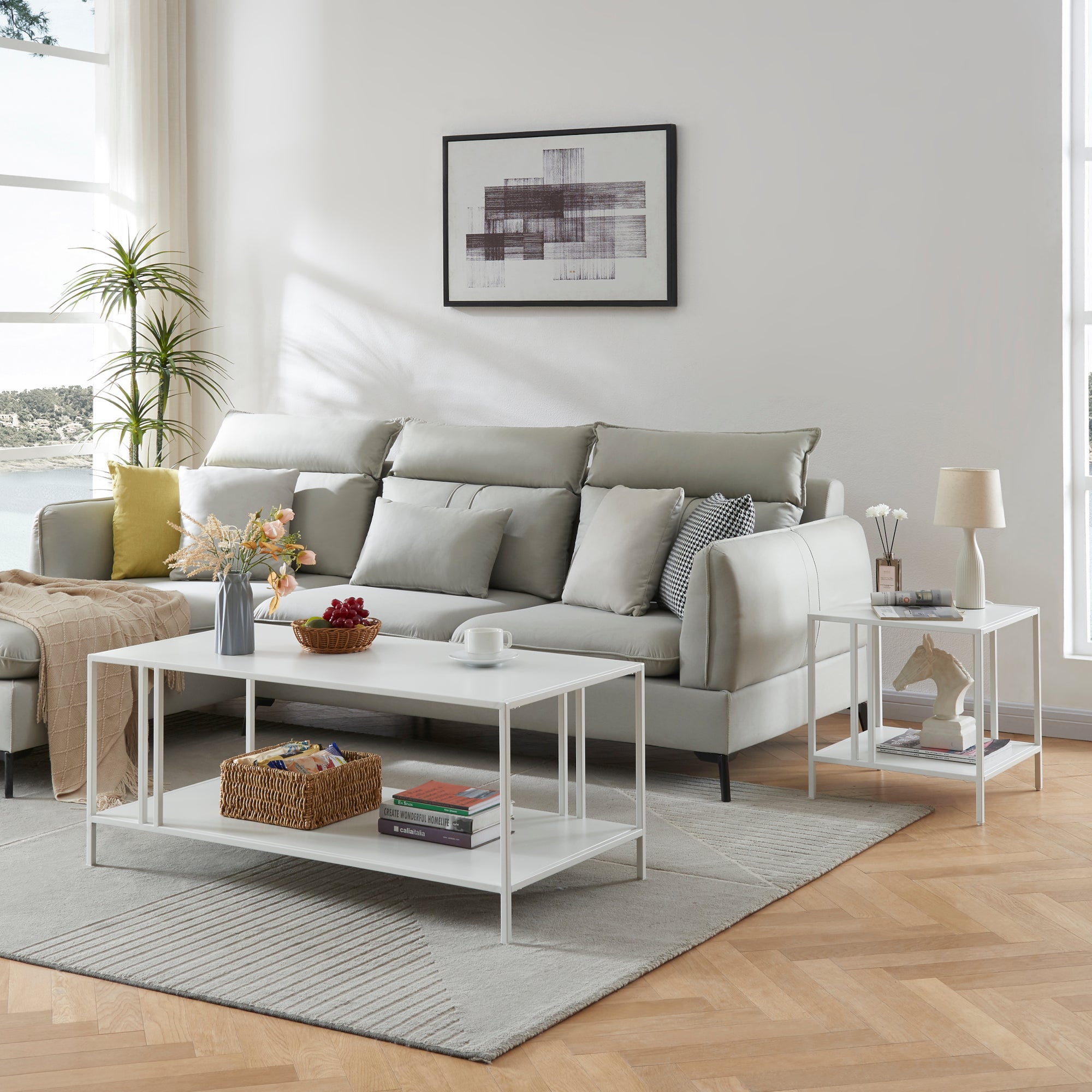 Tavolino Basso Kumlinge in Metallo con Ripiano 47 x 110 x 55 cm Bianco [en.casa]