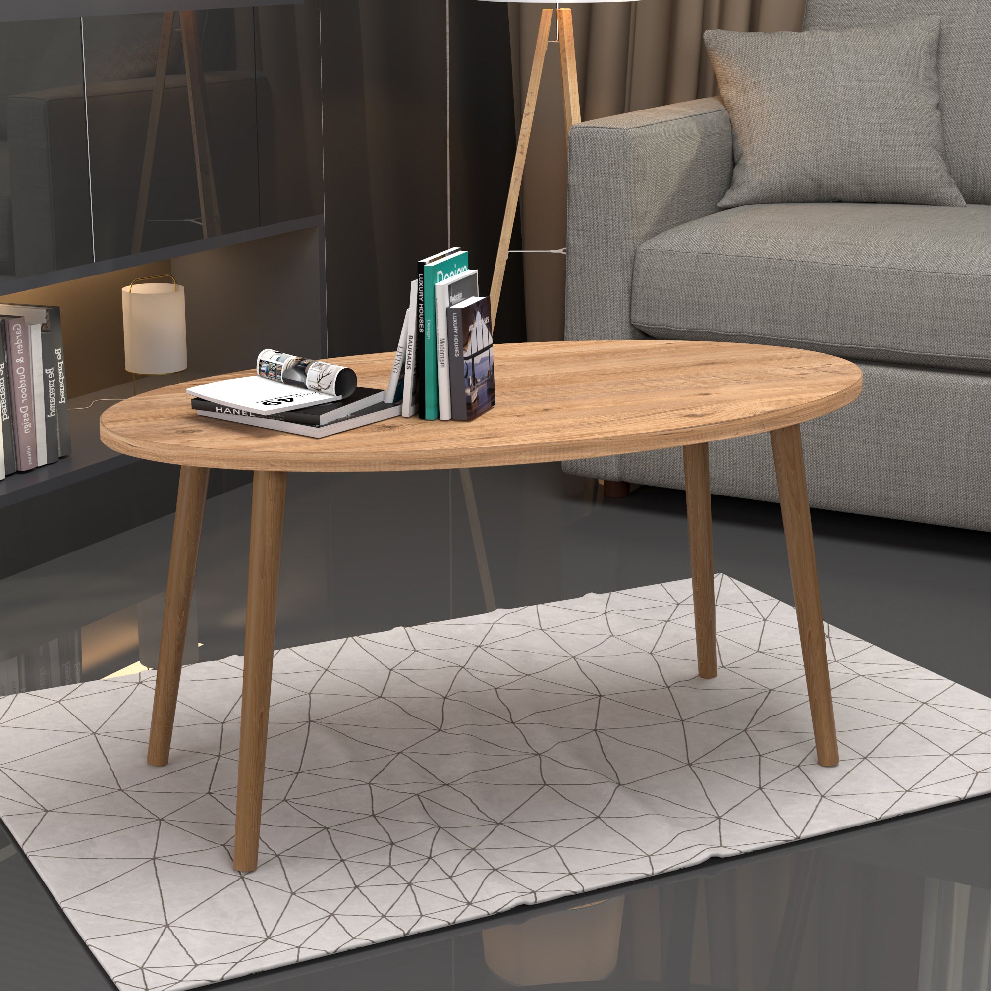 Tavolino Basso da caffè 'Sindal' (AxLxP) 41 x 90 x 50 cm Tavolino da Salotto con Gambe in Legno e Piano Ovale - color