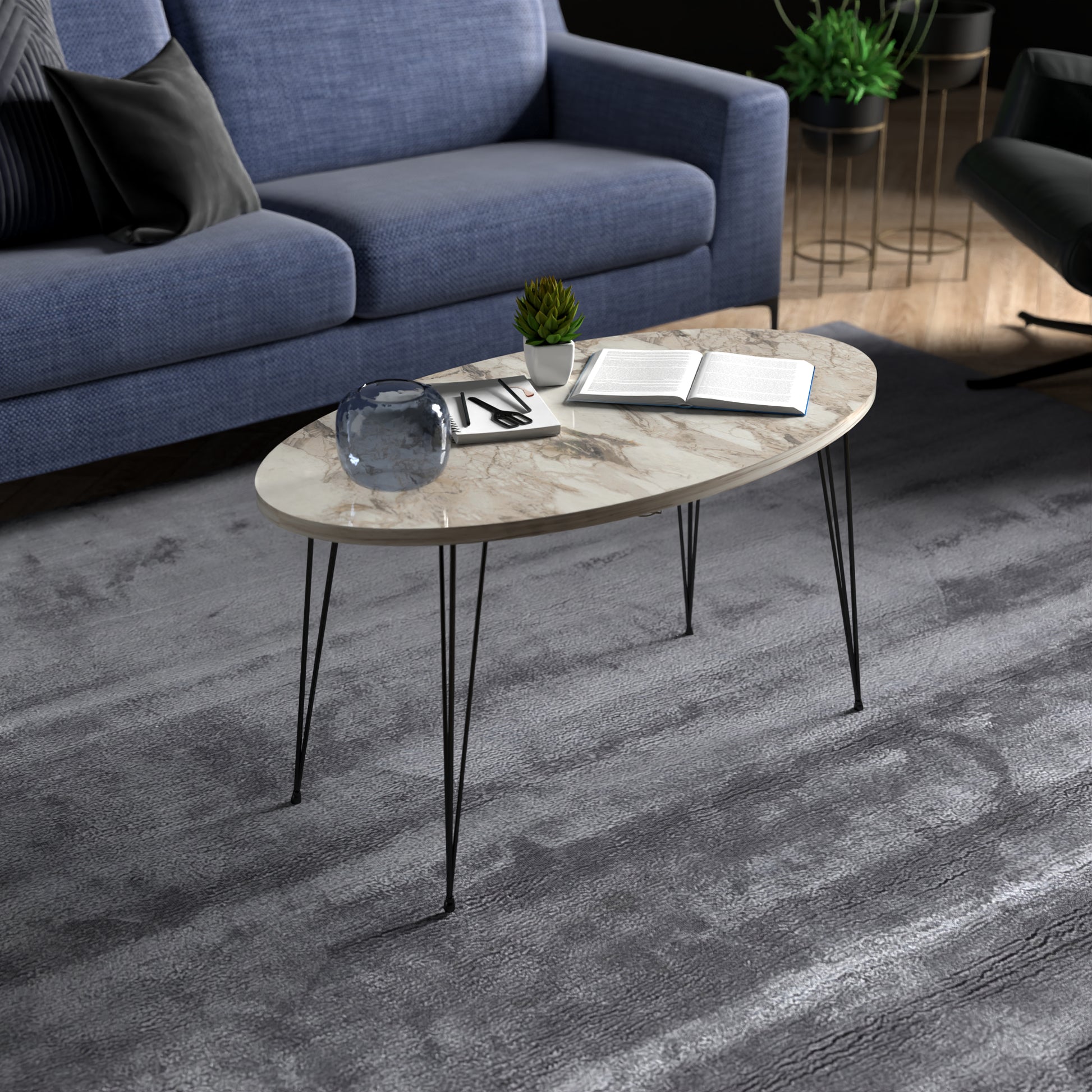 Tavolino Basso da caffè 'Skævinge' (AxLxP) 43 x 90 x 50 cm Tavolino da Salotto con 4 Gambe a Forcina e Piano Ovale -