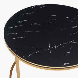 Tavolino Basso da Caffè 'Aulum' Piano Rotondo - Effetto Marmo Nero / Dorato [en.casa]