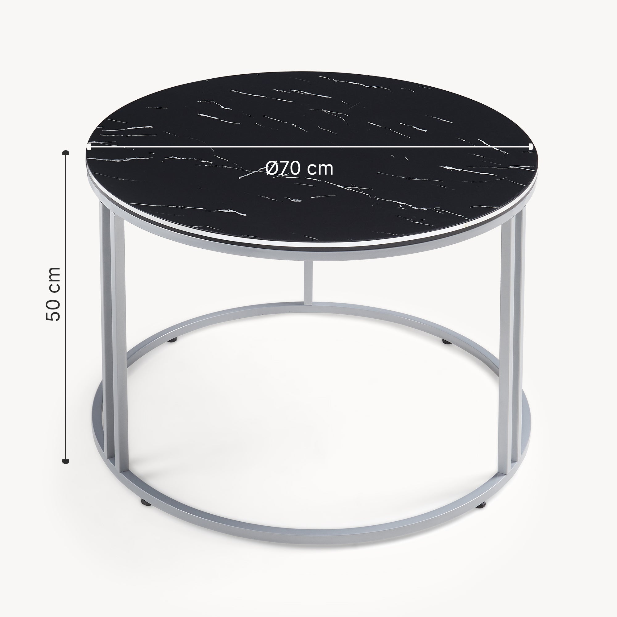 Tavolino Basso da Caffè 'Aulum' Piano Rotondo - Effetto Marmo Nero / Argentato [en.casa]