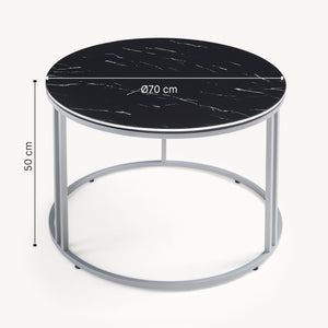 Tavolino Basso da Caffè 'Aulum' Piano Rotondo - Effetto Marmo Nero / Argentato [en.casa]