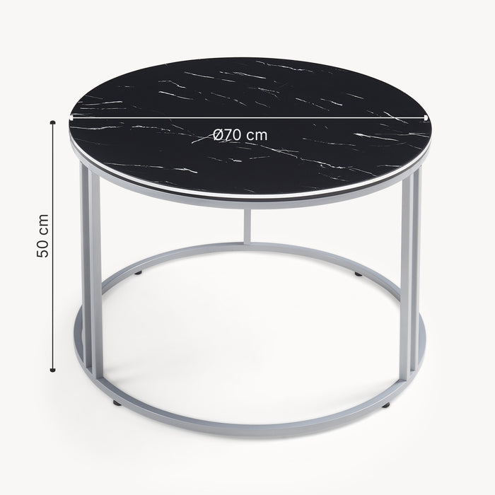 Tavolino Basso da Caffè 'Aulum' Piano Rotondo - Effetto Marmo Nero / Argentato [en.casa]