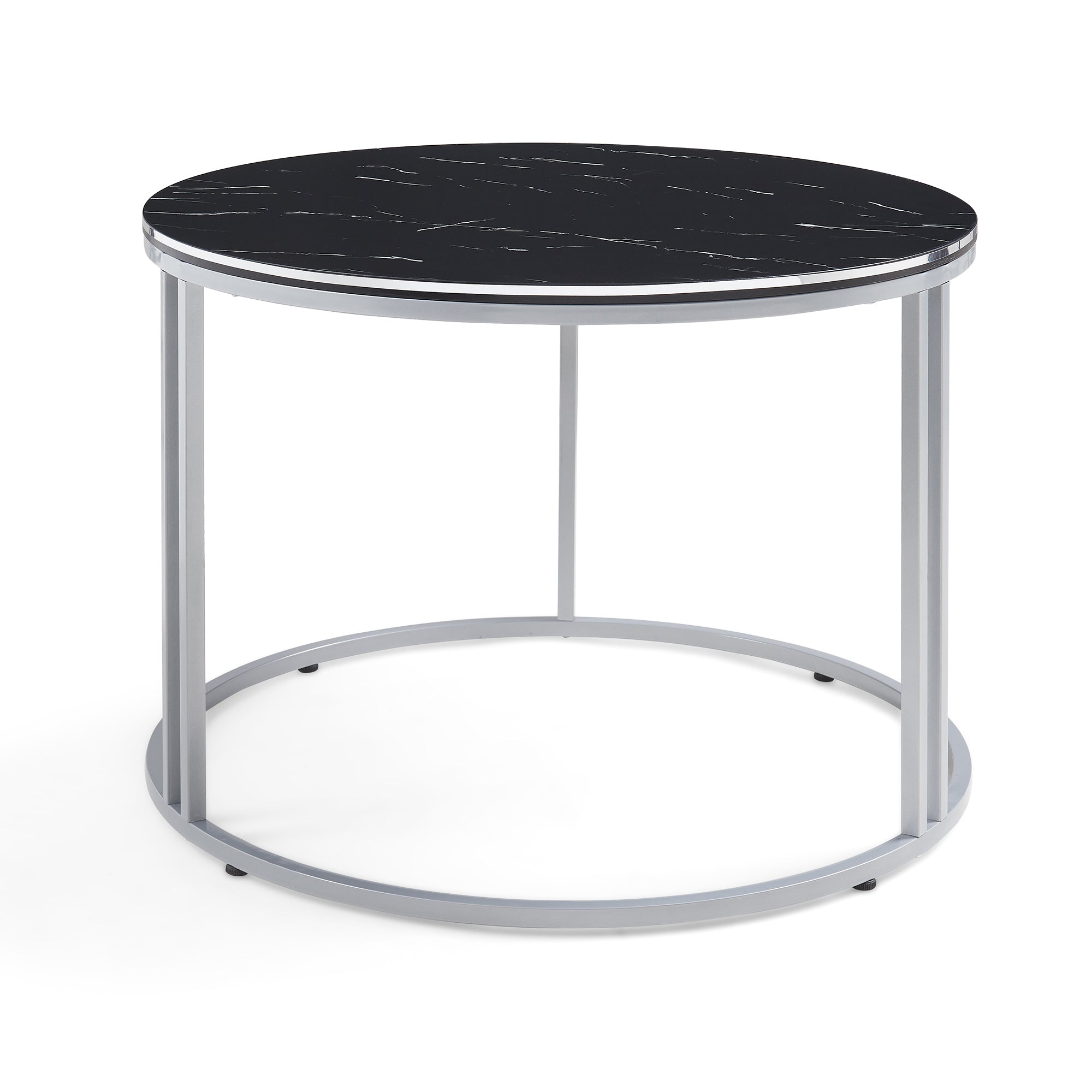 Tavolino Basso da Caffè 'Aulum' Piano Rotondo - Effetto Marmo Nero / Argentato [en.casa]